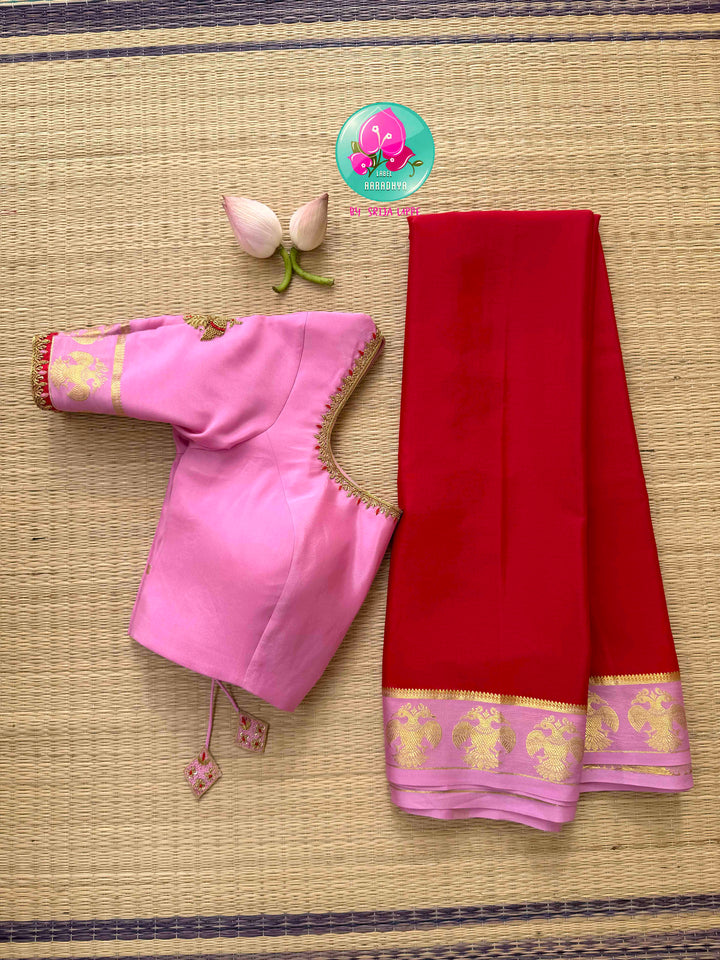 Royal Crest: The Sacred Gandaberunda Red & Baby Pink Pure Mysore Silk with 120 GSM