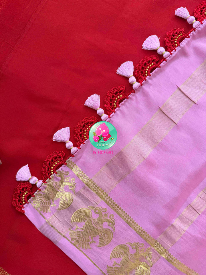 Royal Crest: The Sacred Gandaberunda Red & Baby Pink Pure Mysore Silk with 120 GSM