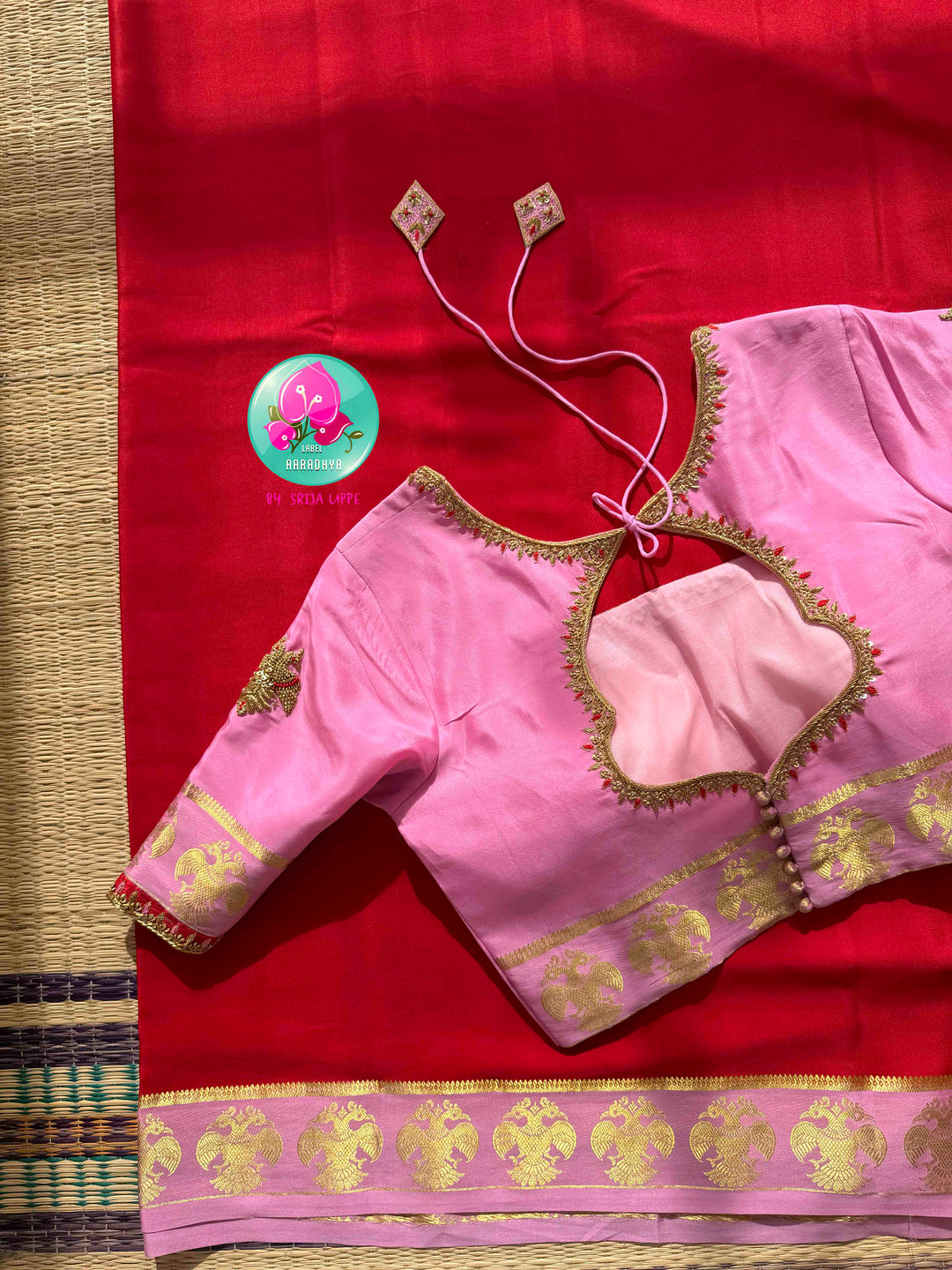 Royal Crest: The Sacred Gandaberunda Red & Baby Pink Pure Mysore Silk with 120 GSM