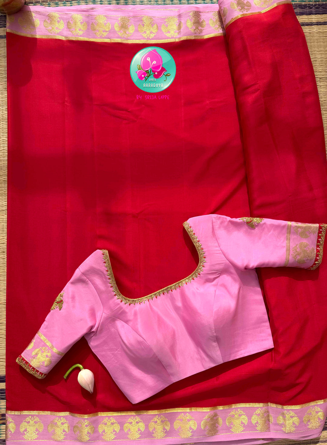 Royal Crest: The Sacred Gandaberunda Red & Baby Pink Pure Mysore Silk with 120 GSM