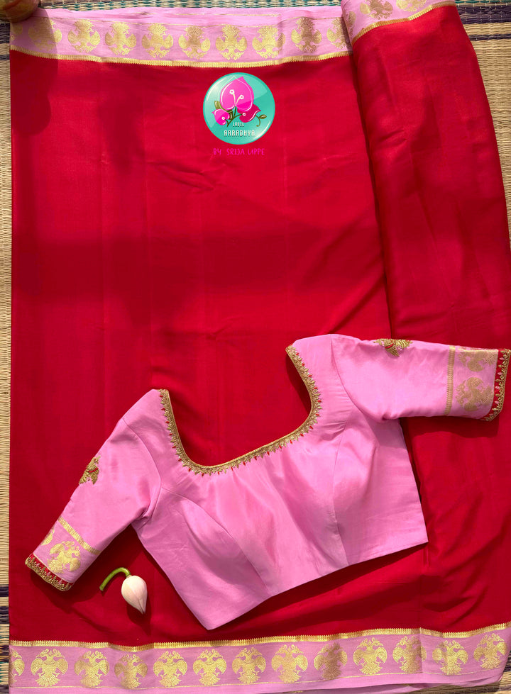 Royal Crest: The Sacred Gandaberunda Red & Baby Pink Pure Mysore Silk with 120 GSM