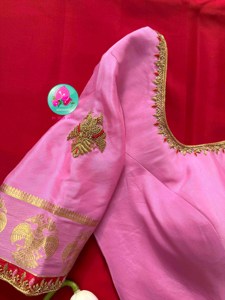 Royal Crest: The Sacred Gandaberunda Red & Baby Pink Pure Mysore Silk with 120 GSM