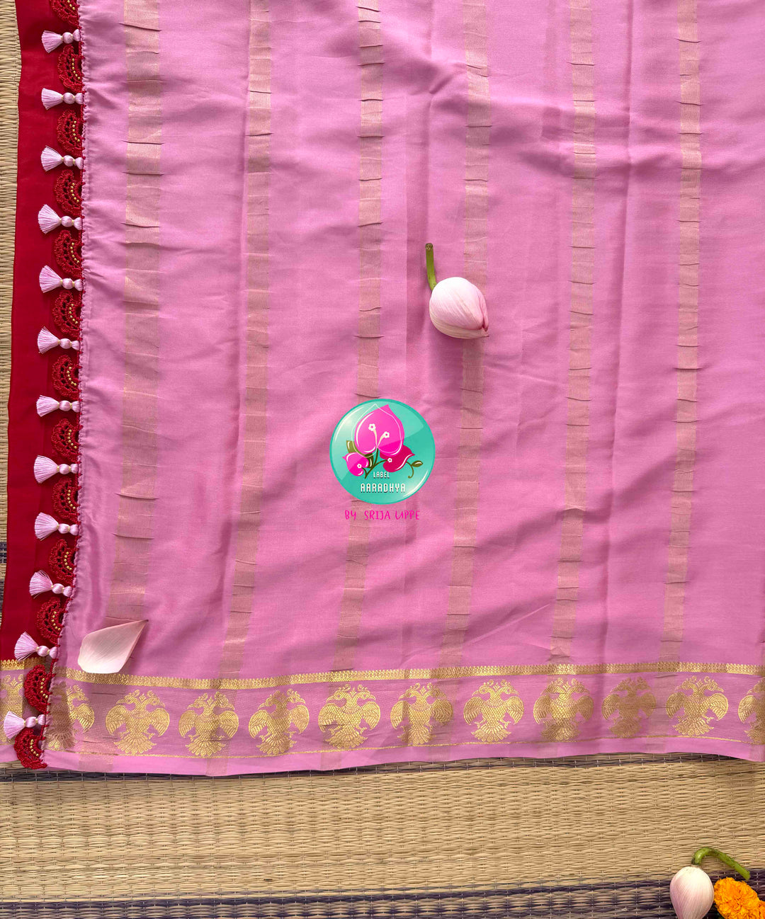Royal Crest: The Sacred Gandaberunda Red & Baby Pink Pure Mysore Silk with 120 GSM