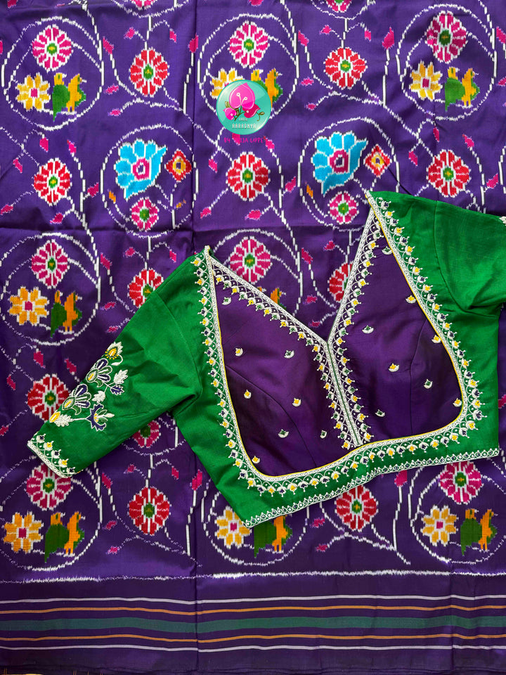 Regal Violet & Emerald Harmony: Pure Ikkat Silk & Madhubala Hand Embroidery