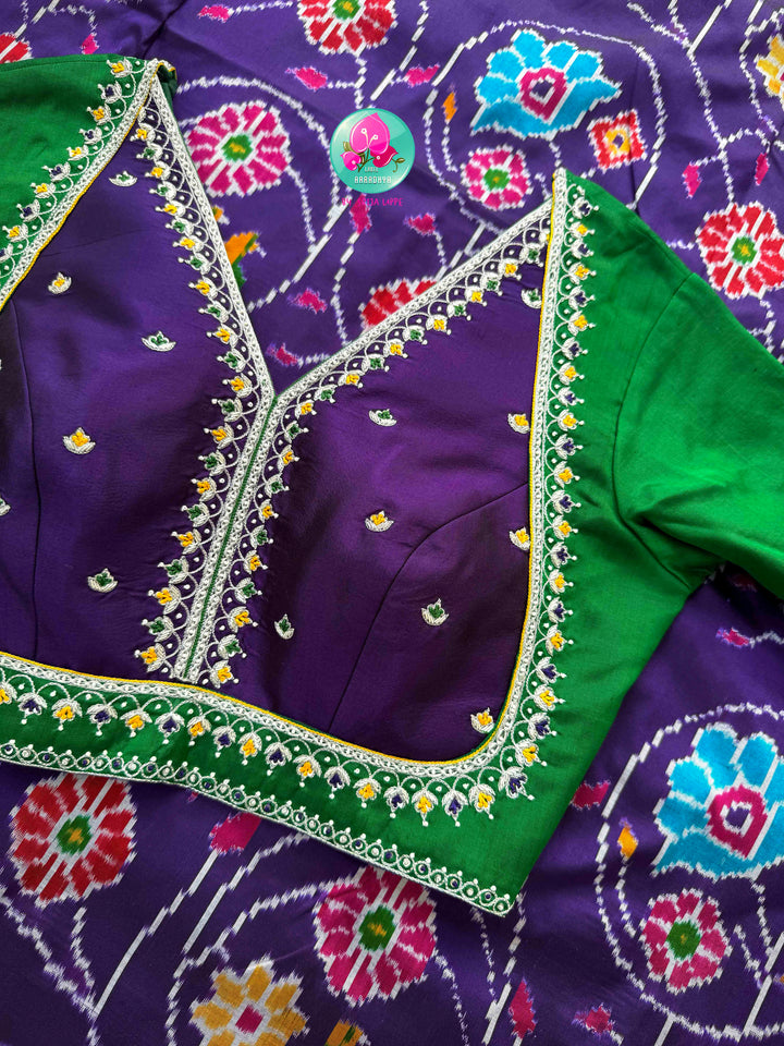 Regal Violet & Emerald Harmony: Pure Ikkat Silk & Madhubala Hand Embroidery