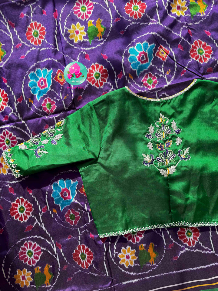 Regal Violet & Emerald Harmony: Pure Ikkat Silk & Madhubala Hand Embroidery