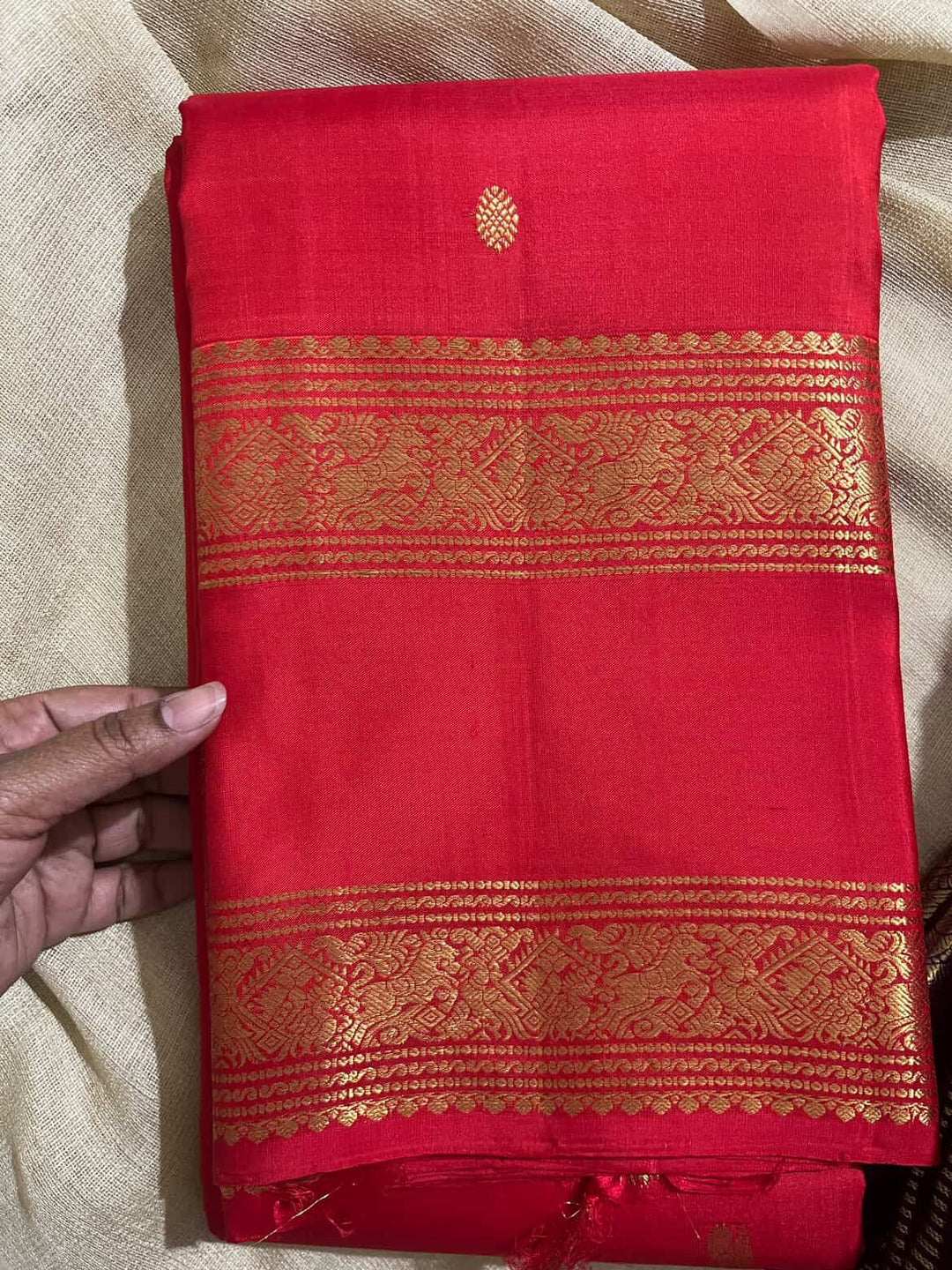 Vermillion Verse: Crimson Pure Kanchipattu Saree with the Signature Gap Border
