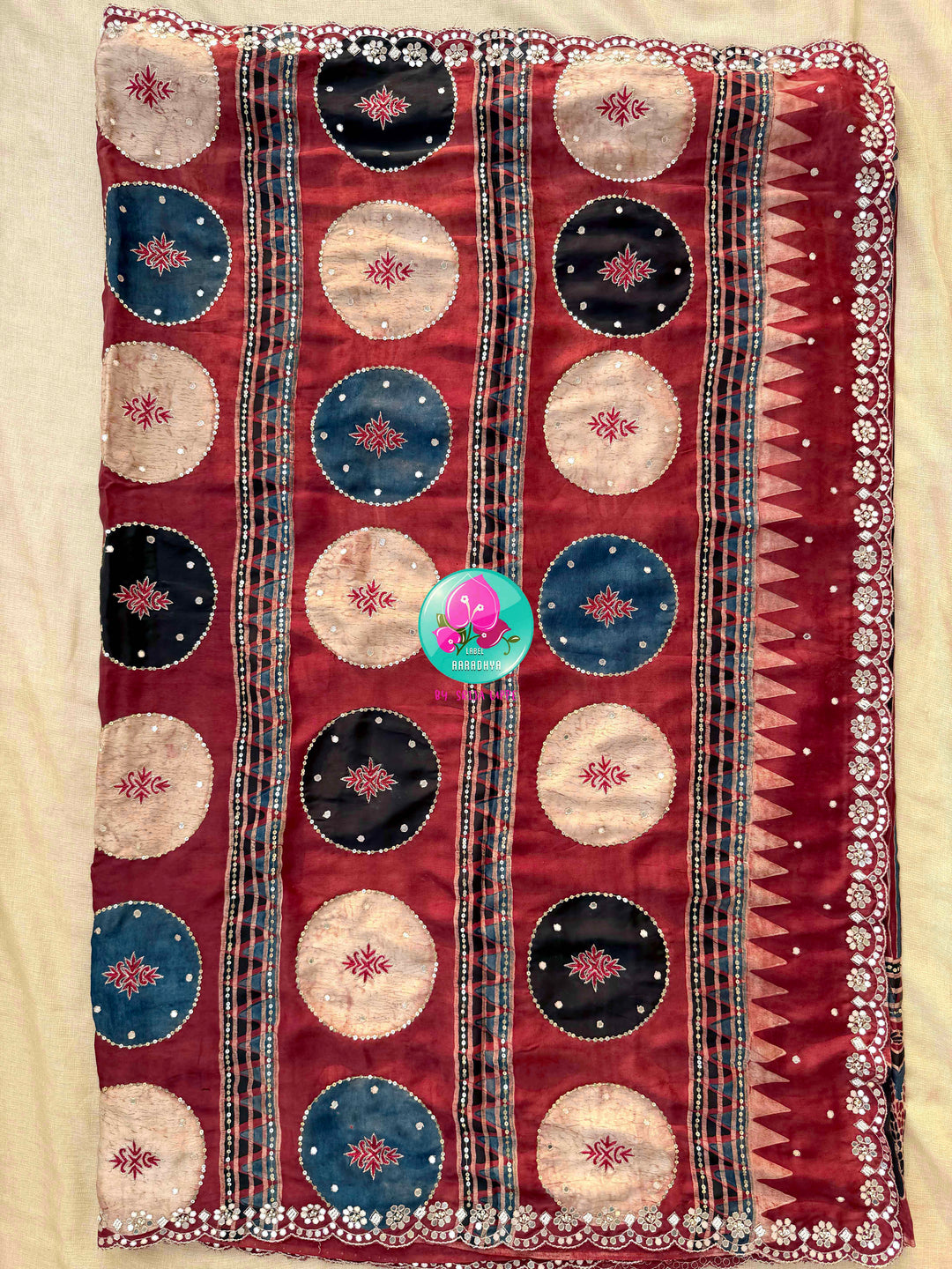 Desert Geometry & Starlit Shimmer: Pure Modal Silk Ajrakh Saree with Scalloped Artistry