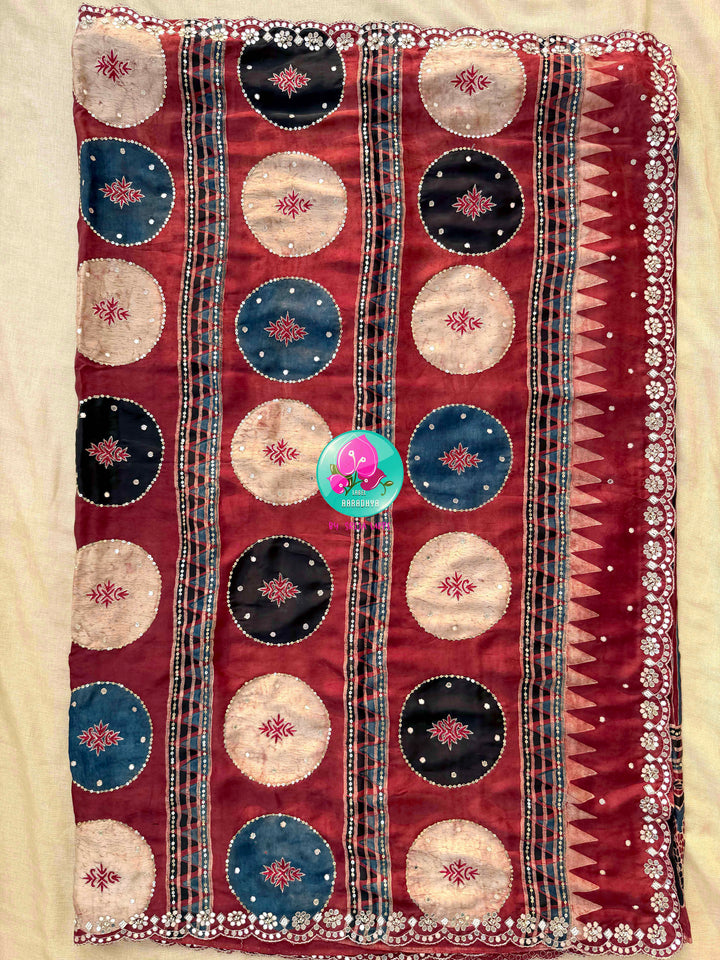 Desert Geometry & Starlit Shimmer: Pure Modal Silk Ajrakh Saree with Scalloped Artistry