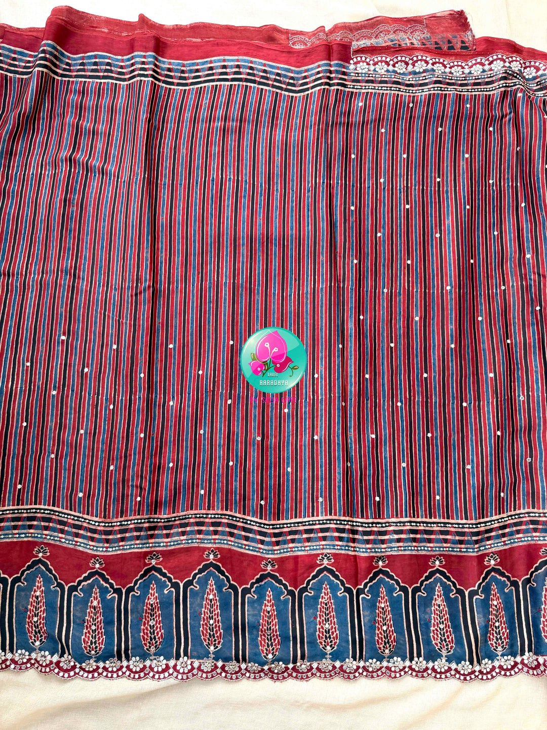 Desert Geometry & Starlit Shimmer: Pure Modal Silk Ajrakh Saree with Scalloped Artistry