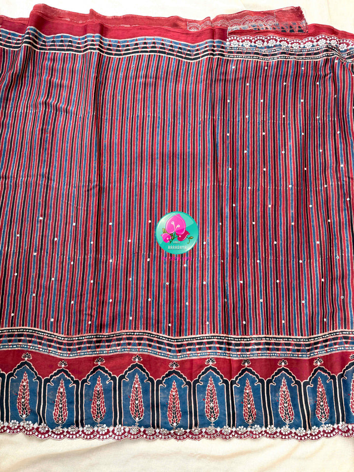 Desert Geometry & Starlit Shimmer: Pure Modal Silk Ajrakh Saree with Scalloped Artistry
