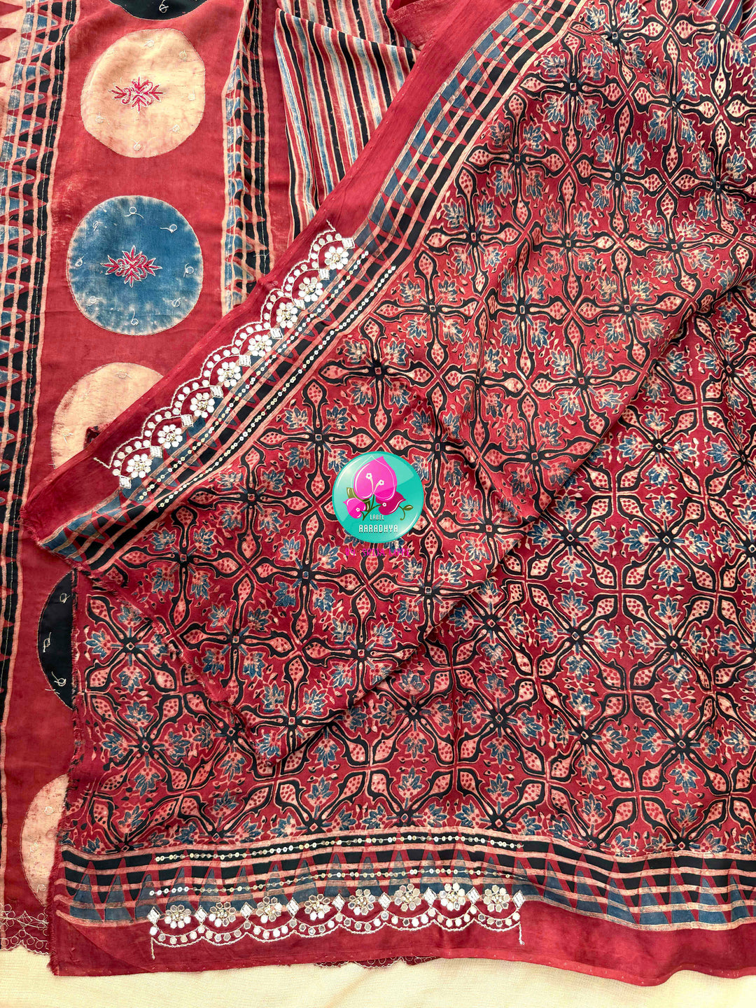 Desert Geometry & Starlit Shimmer: Pure Modal Silk Ajrakh Saree with Scalloped Artistry